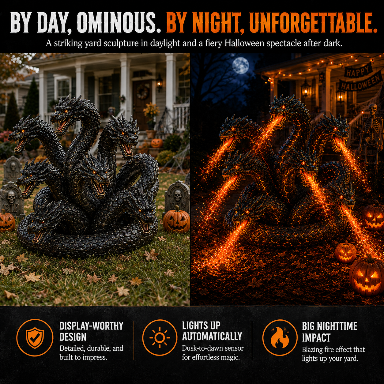 Orochi garden light daytime and nighttime comparison