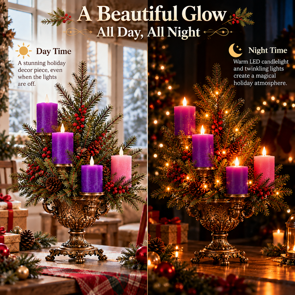 🎄Vintage Christmas Evergreen Candelabra™ – 4-Candle LED Christmas Tree Centerpiece