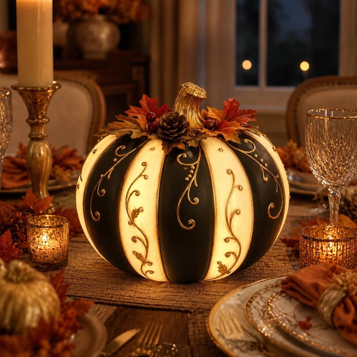 🎉Lighted Black & Ivory Pumpkin Decor with Remote