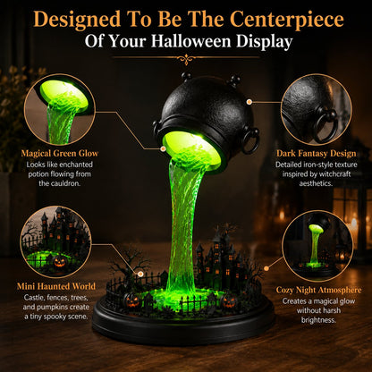 🔥 LAST DAY 49% OFF – 🧙‍♀️ Glowing Witch Cauldron Desk Lamp | Spilling Green Magic Light with Haunted Castle, Pumpkins & Gothic Halloween Vibes 🧪✨