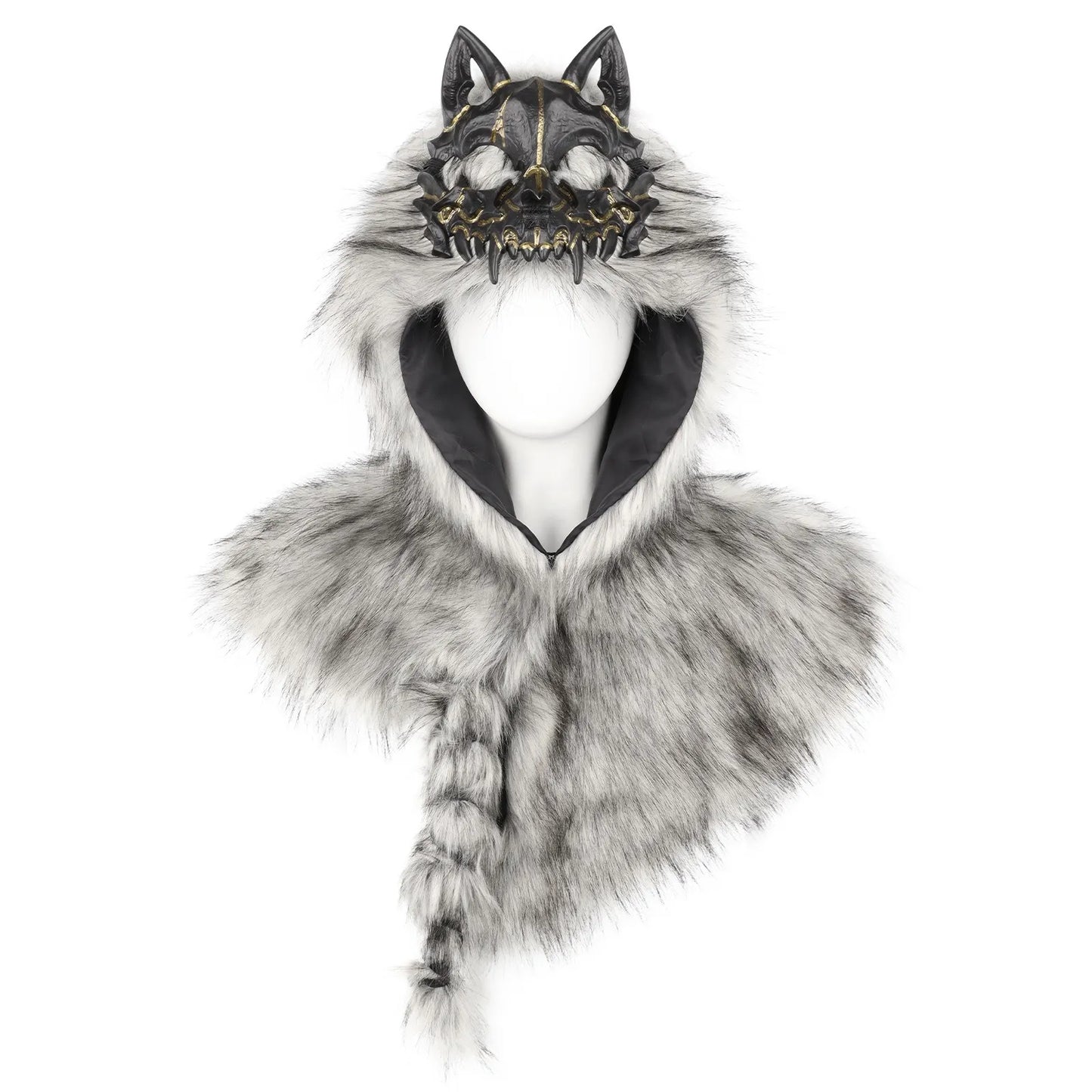 🐺 Viking Wolf Skull Faux Fur Hooded Cape – Halloween Cosplay Costume