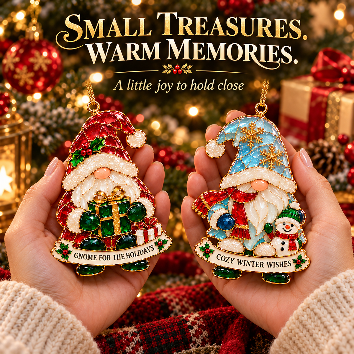 Two Christmas gnome ornaments held in hands to show their decorative details