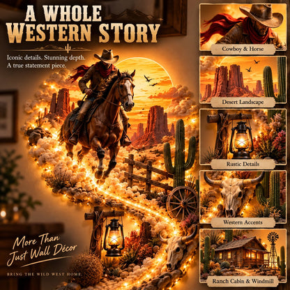 🤠 Western Cowboy LED Wall Decor – Lighted Wild West Desert Scene with Horseback Rider, Cactus & Ranch Details