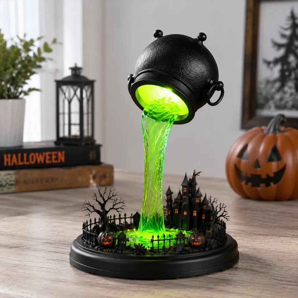 🔥 LAST DAY 49% OFF – 🧙‍♀️ Glowing Witch Cauldron Desk Lamp | Spilling Green Magic Light with Haunted Castle, Pumpkins & Gothic Halloween Vibes 🧪✨