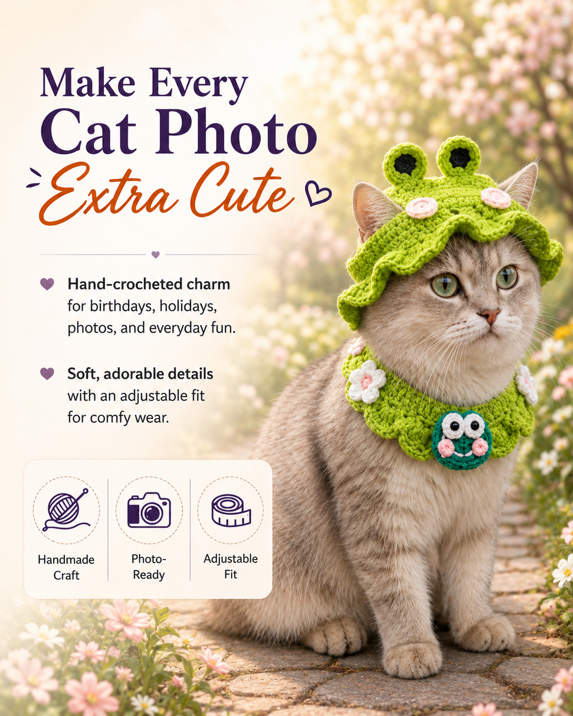 Handmade Crochet Pet Hat – Cute Character Bonnet for Cats