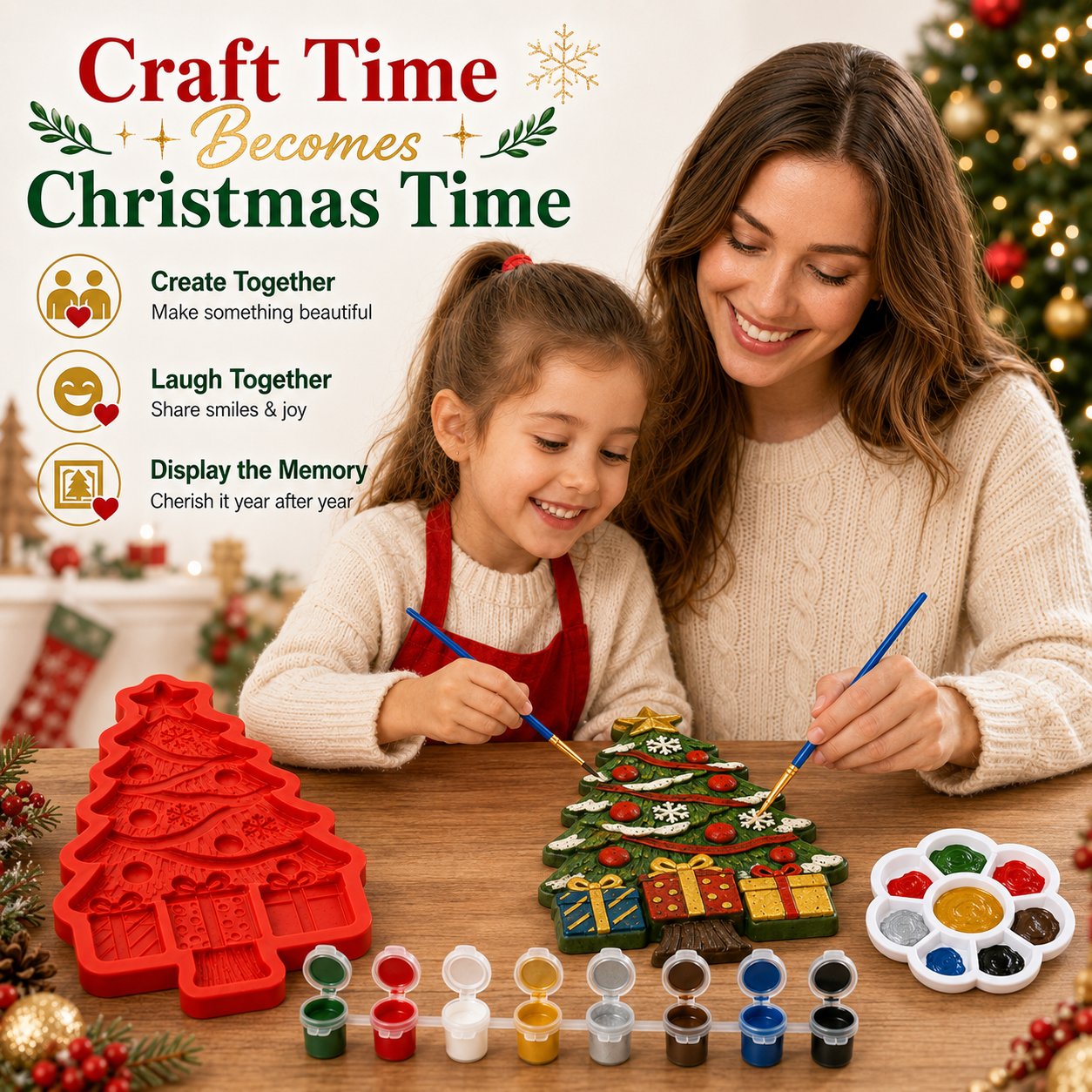 🎉🎄 DIY Christmas Tree Mold & Paint Craft Kit | Reusable 3D Mold with 8 Acrylic Paints, 2 Brushes & Festive Detail Guide 🎨✨