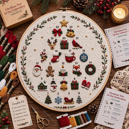 🔥Last day with huge discounts!🎄Beginner-Friendly 24-Day Christmas Tree Embroidery Kit | Complete DIY Set with Pre-Printed Fabric, Hoop, Floss, Needle & Stitch Guide Included 💕