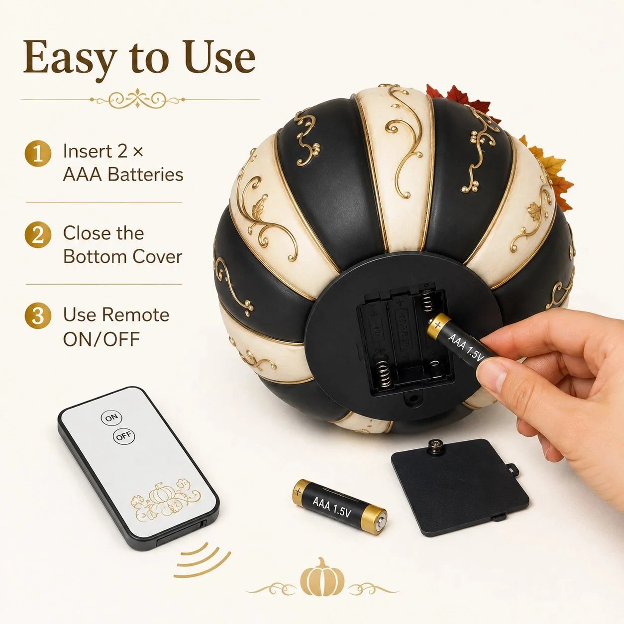 🎉Lighted Black & Ivory Pumpkin Decor with Remote