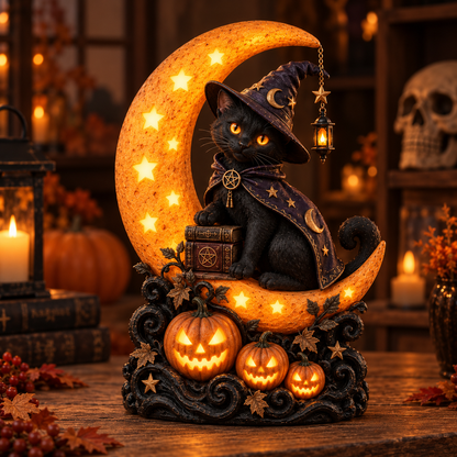 🔥🎃60% OFF Lighted Witch on Crescent Moon with Pumpkins LED Halloween Tabletop Lamp