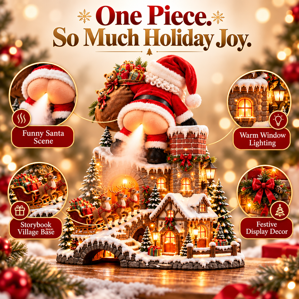 Christmas village details with funny Santa, illuminated windows and festive decorations
