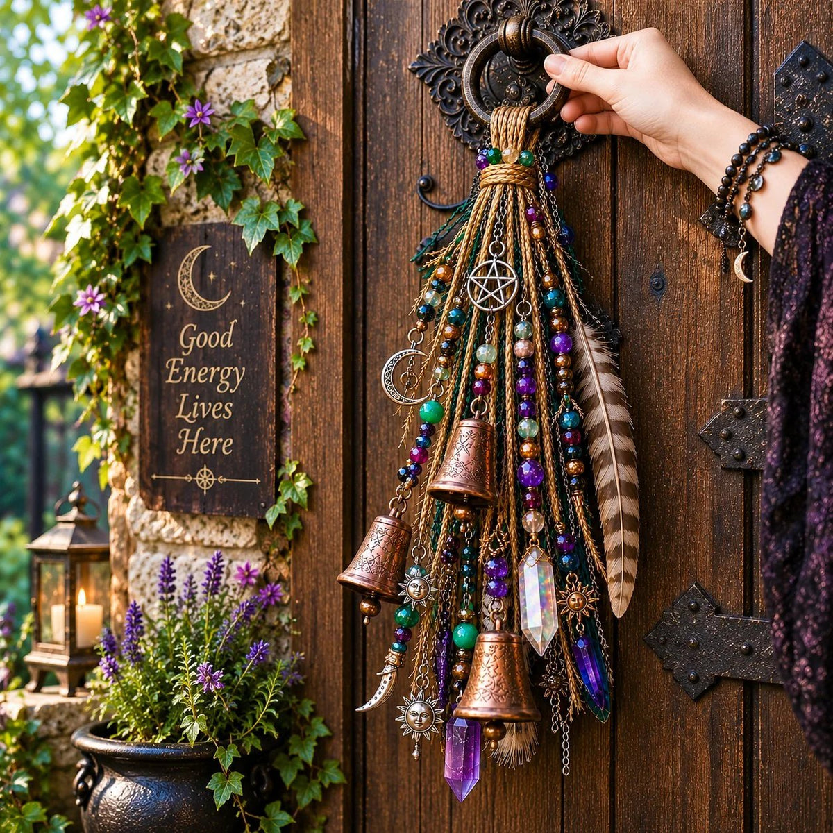 🌙 Celestial Door Charm – Vintage Bells, Moon Charms & Crystal-Style Hanging Decor