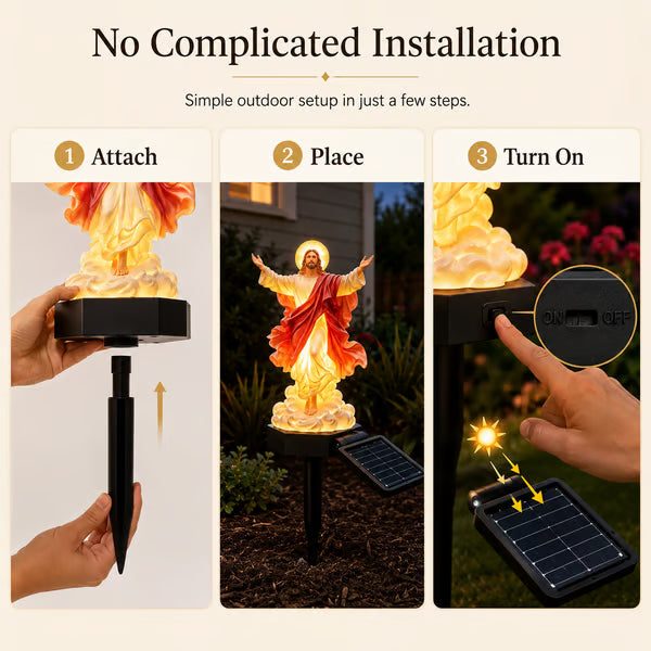Three installation views showing the ground stake attachment, garden placement, and solar light power switch
