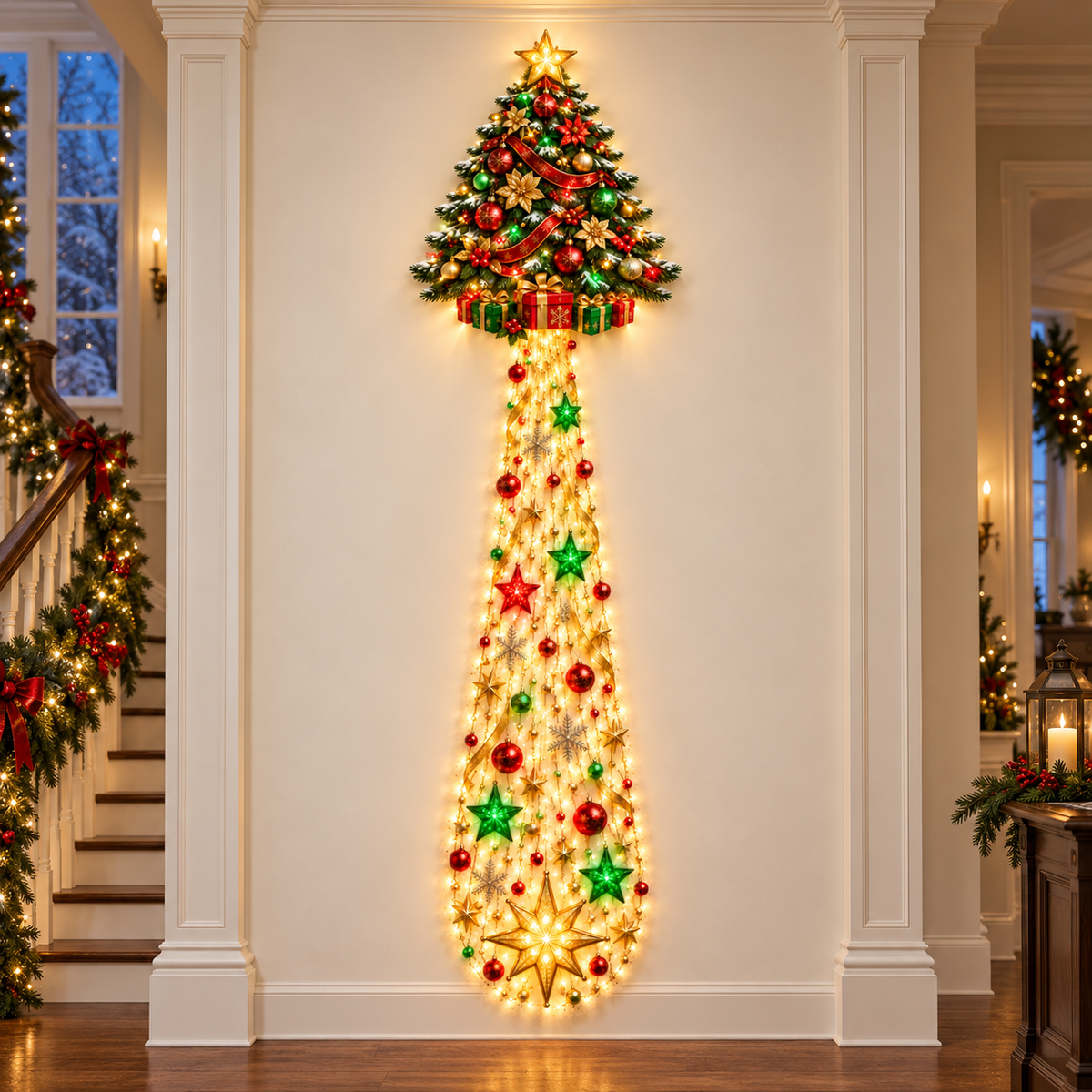 Christmas Tree cascade wall light displayed on an ivory wall beside a garland-trimmed staircase
