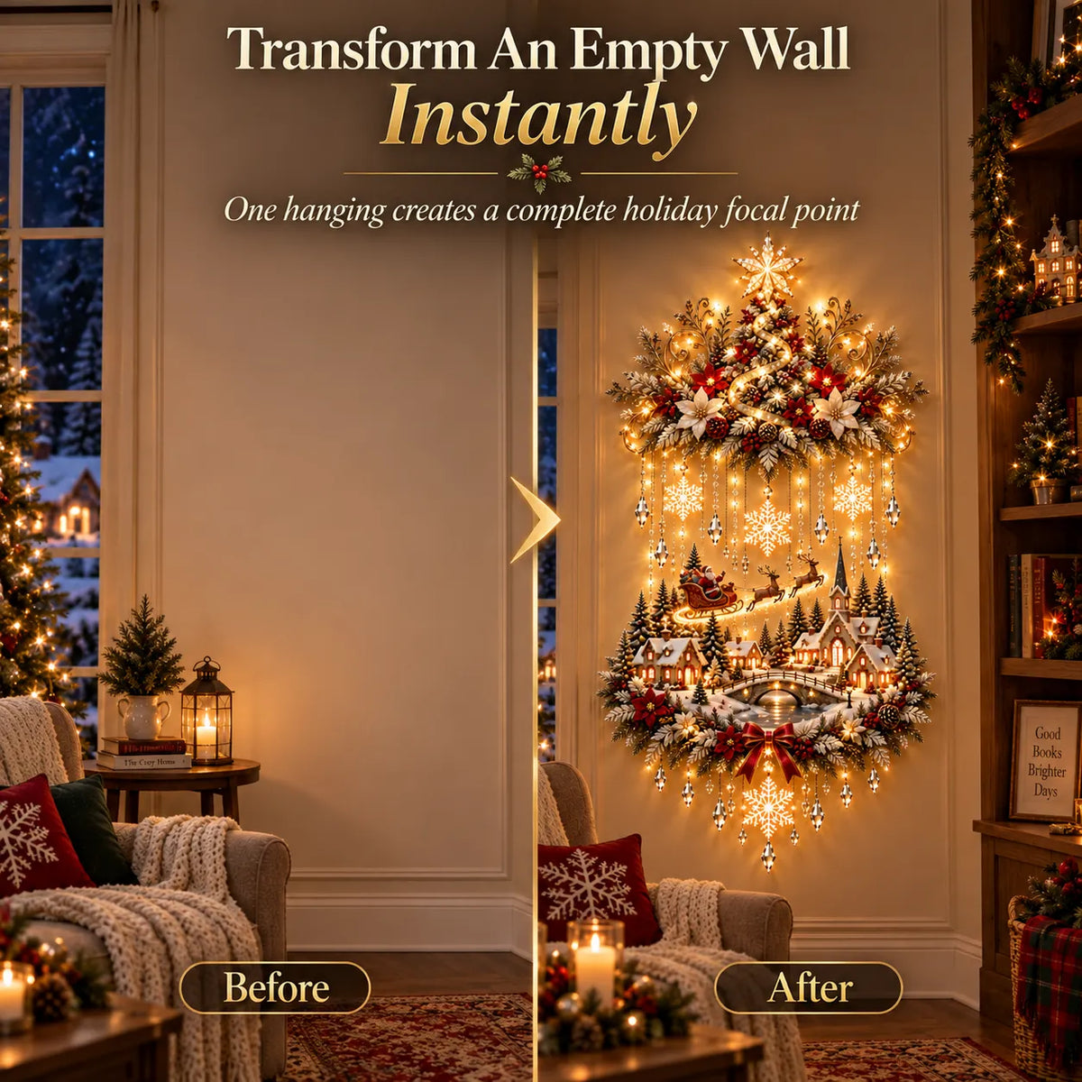 🎄 Illuminated Christmas Tree & Village Wall Hanging | Cascading Warm Lights for Living Rooms, Entryways & Staircases ✨