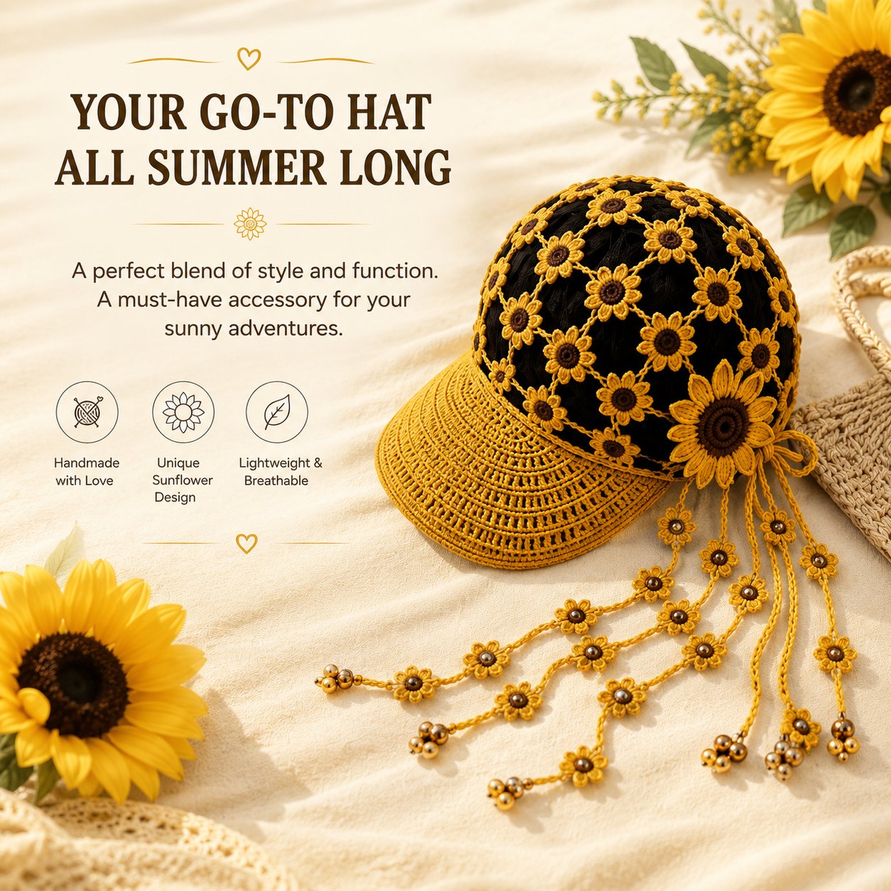 🌻 Sunflower Crochet Baseball Cap – Breathable Boho Hat with Floral Tassels
