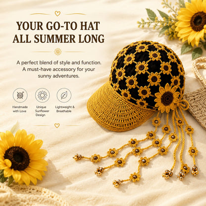 🌻 Sunflower Crochet Baseball Cap – Breathable Boho Hat with Floral Tassels