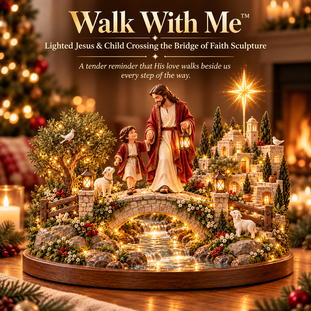 ✝️ Walk With Me™ – Lighted Jesus & Child Crossing the Bridge of Faith Sculpture