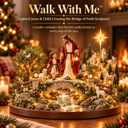✝️ Walk With Me™ – Lighted Jesus & Child Crossing the Bridge of Faith Sculpture