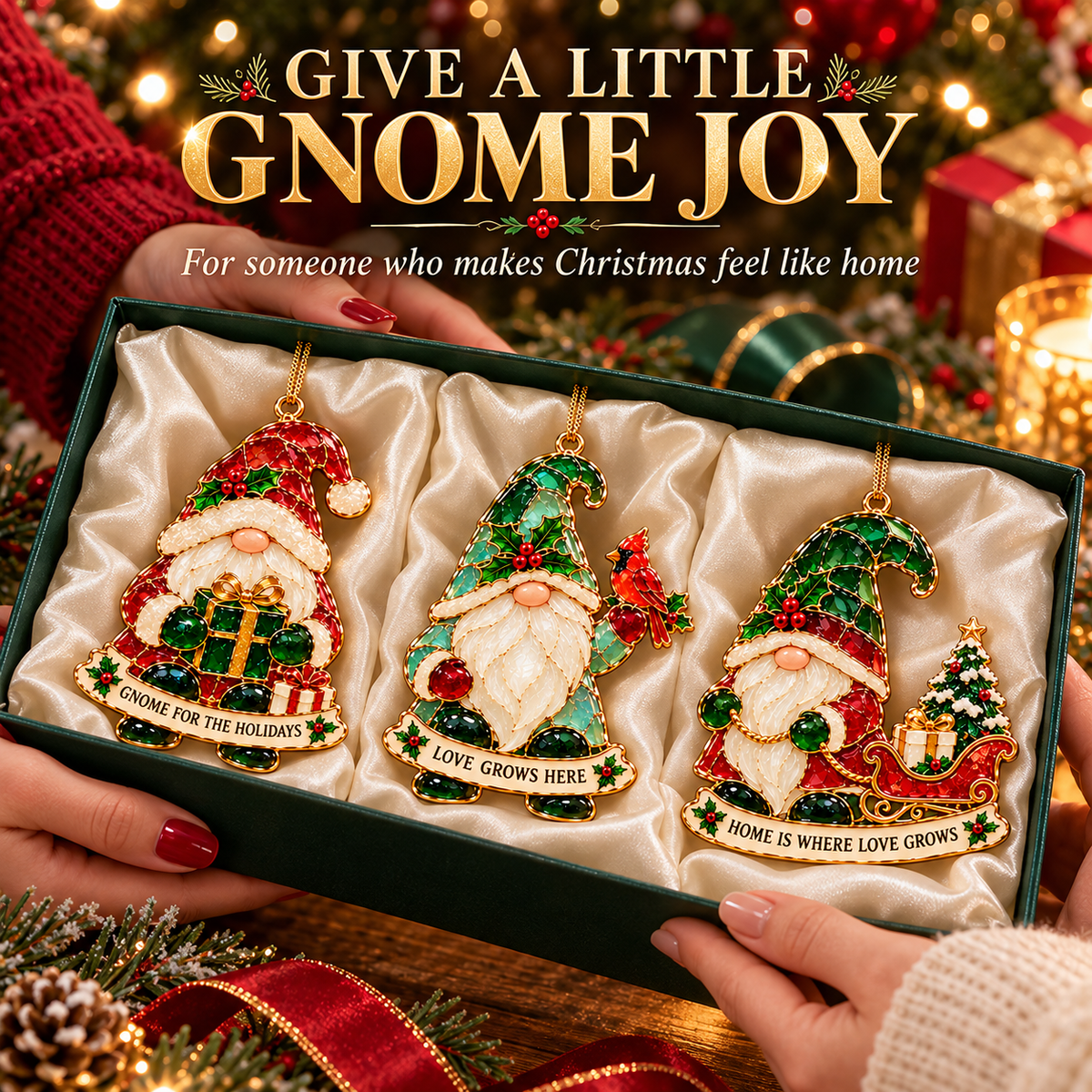 Christmas gnome ornaments arranged in a festive gifting scene