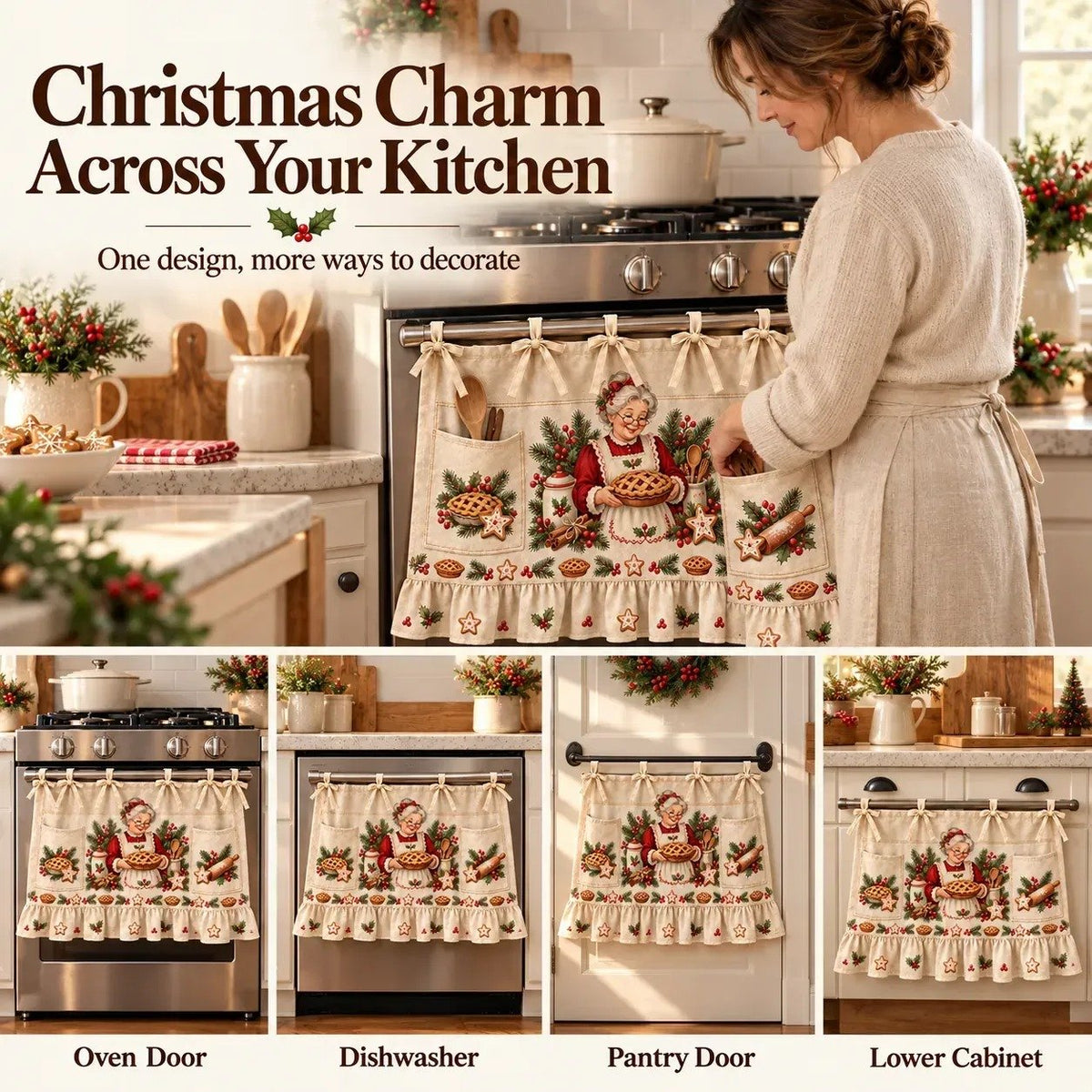 🎄 Christmas Kitchen Tie-On Skirt | Festive Holiday Designs with Pockets & Ruffled Trim