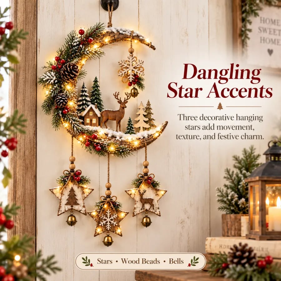 🌙🦌Lighted Rustic Christmas Crescent Moon Wall Decor