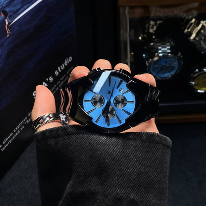 Sculptural Wave-Link Chronograph Watch – 43mm Integrated Steel Bracelet