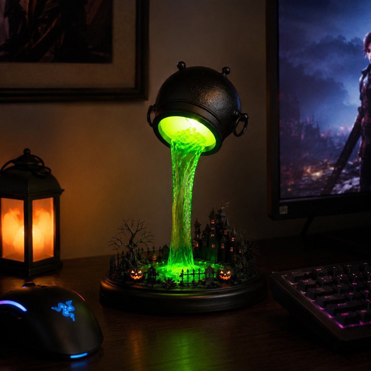 🔥 LAST DAY 49% OFF – 🧙‍♀️ Glowing Witch Cauldron Desk Lamp | Spilling Green Magic Light with Haunted Castle, Pumpkins & Gothic Halloween Vibes 🧪✨