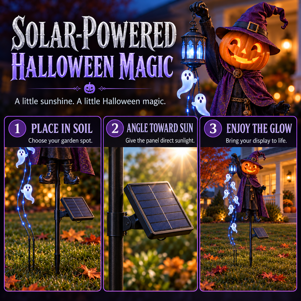 Three setup illustrations showing the stake placed in soil, the solar panel angled toward sunlight, and the lighted wizard display