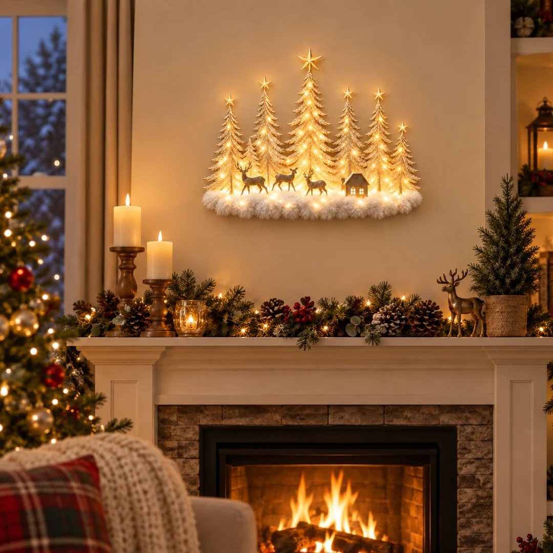 Christmas woodland wall decor glowing above a fireplace