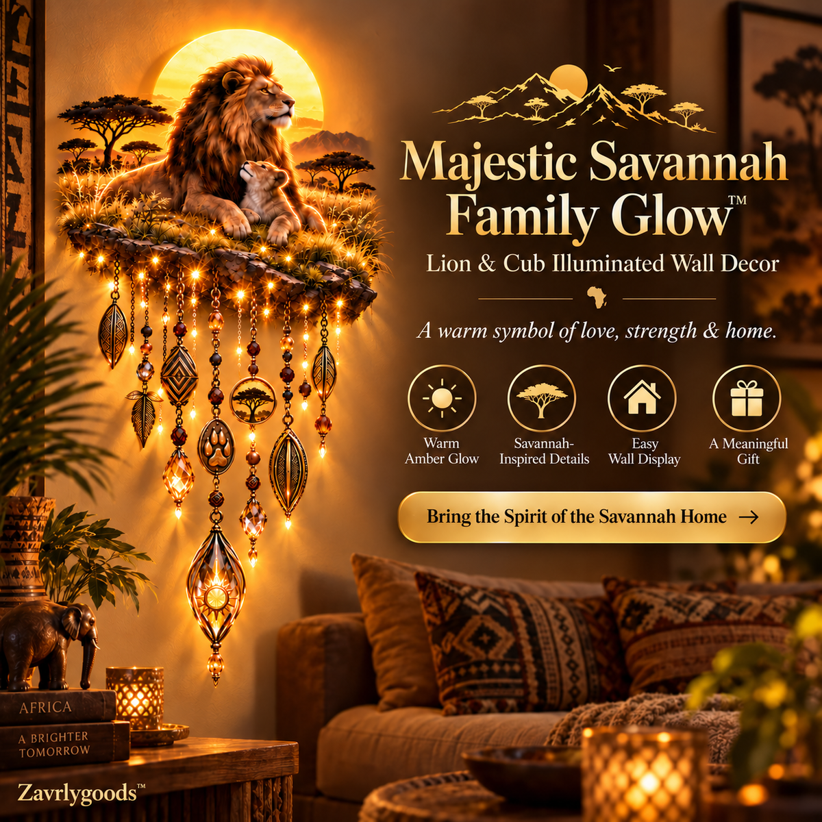 Lion and cub illuminated savannah wall decoration