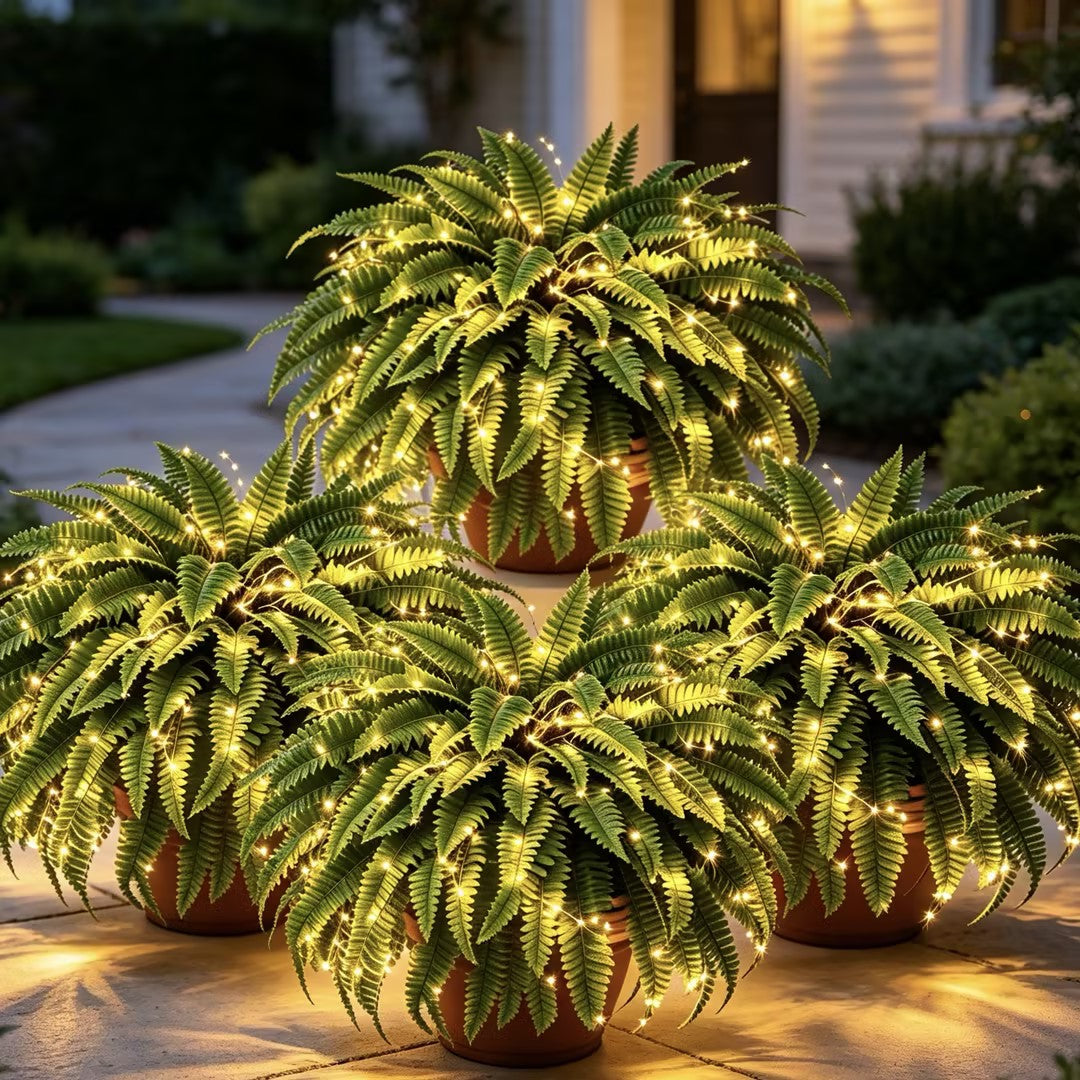 🌿 Lighted Boston Fern Hanging Basket – Lush No-Water Greenery with Warm Lights