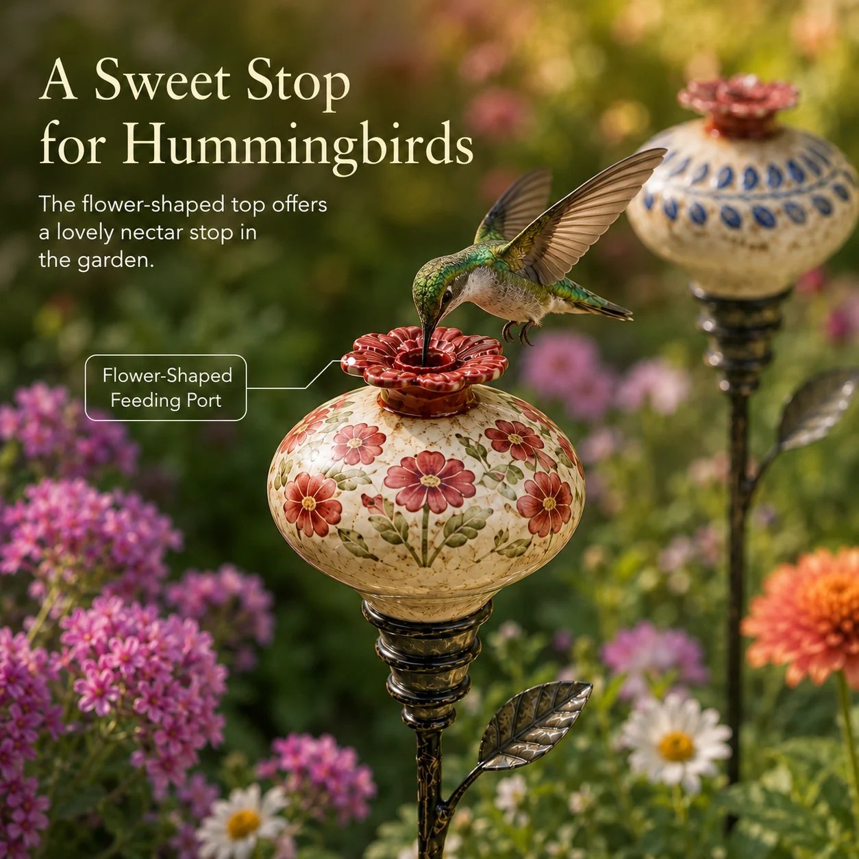 🔥Last Day 49% OFF🌺 Vintage Ceramic Hummingbird Feeder Garden Stake — Handcrafted Floral Bird Feeder Decoration