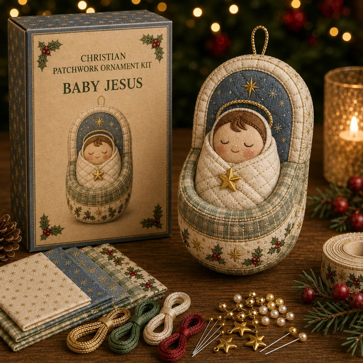 🔥Last day with huge discounts! – ✝️ Beginner-Friendly DIY Christian Block Figure Patchwork Ornament Kit Collection | Complete Kit with Pre-Cut Fabrics, Padded Ornament Form & Step-by-Step Guide Included 💕