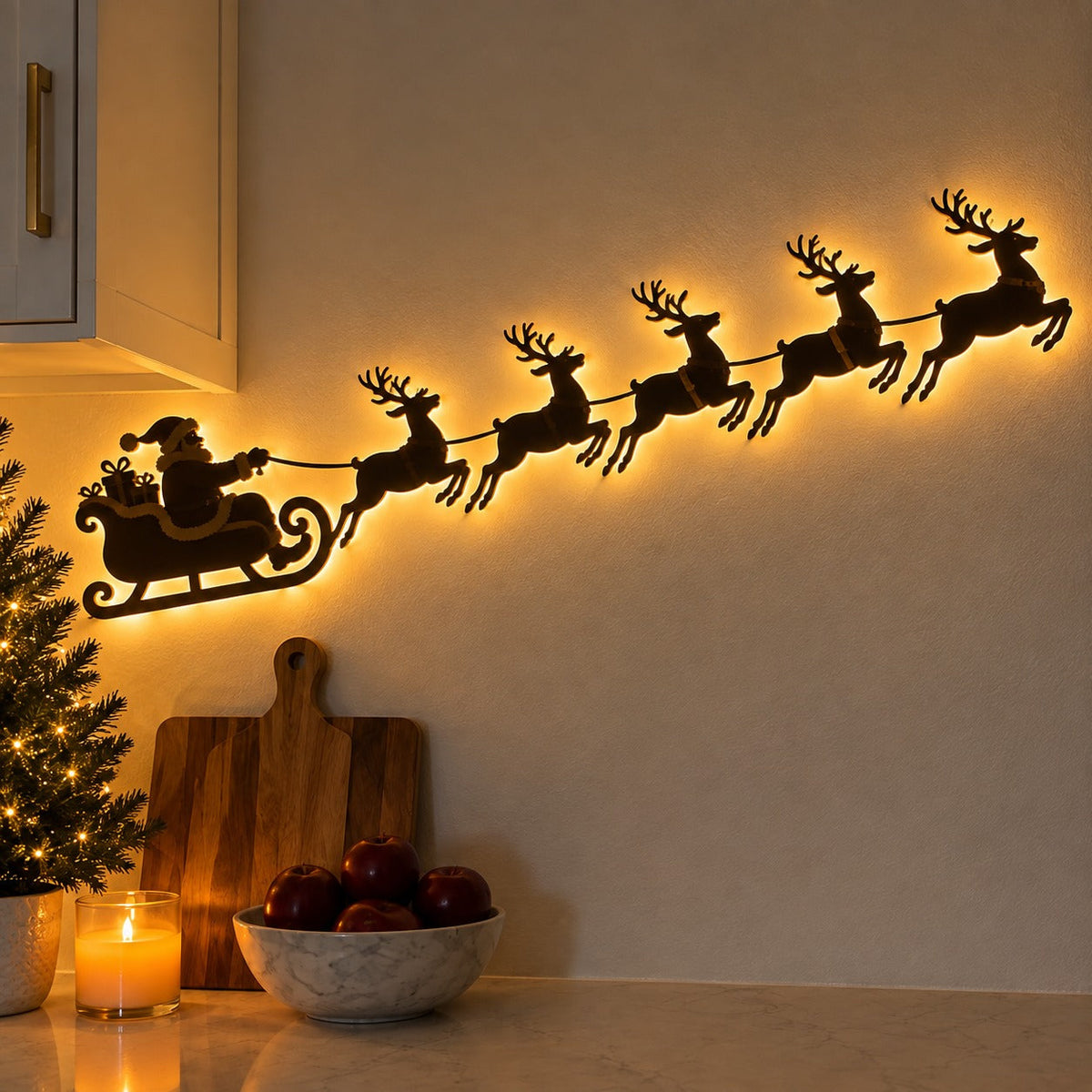 🦌 Santa Sleigh & 6 Reindeer LED Wall Display – Warm Christmas Glow