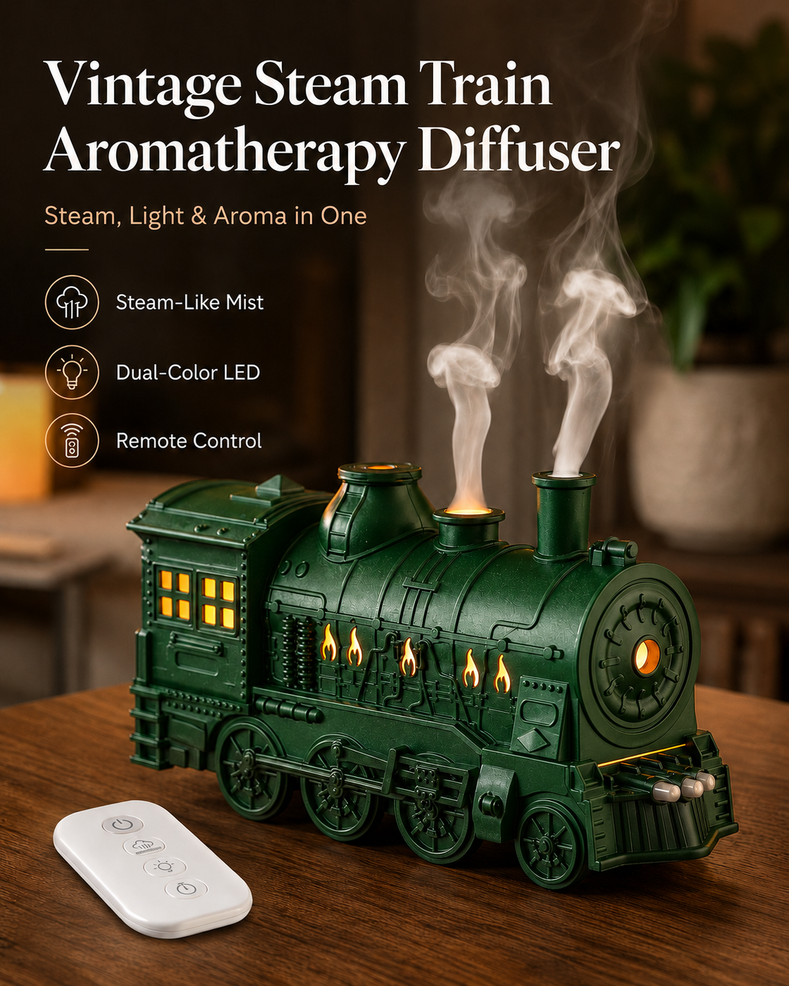 🔥Limited-Time Sale | Vintage Steam Train Humidifier – 300ML Aromatherapy Diffuser with LED Light