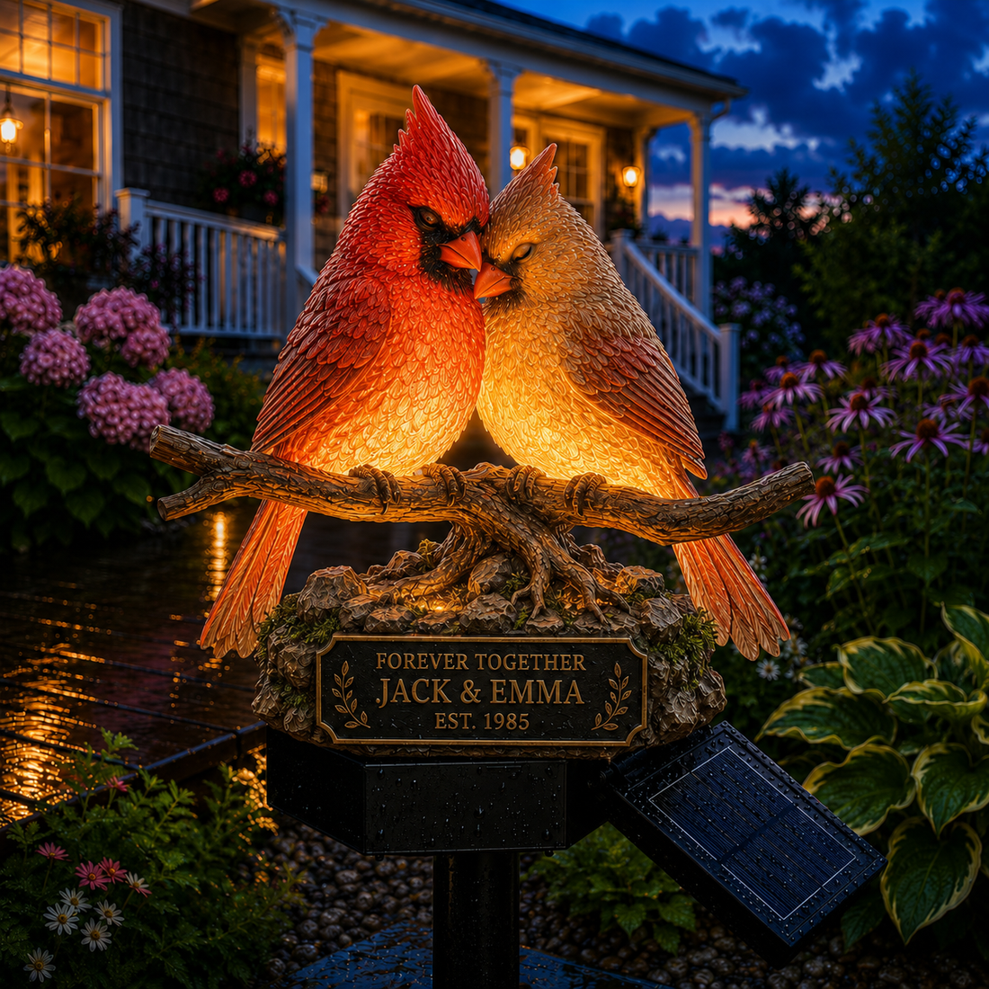 Personalized cardinal couple solar garden light