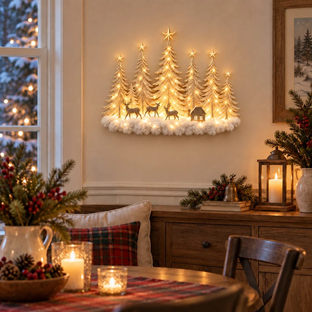 Warm Christmas dining room with glowing woodland wall decor
