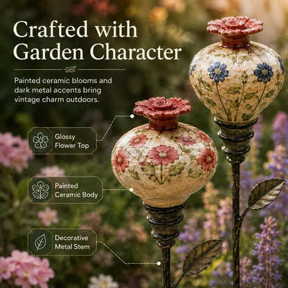 🔥Last Day 49% OFF🌺 Vintage Ceramic Hummingbird Feeder Garden Stake — Handcrafted Floral Bird Feeder Decoration