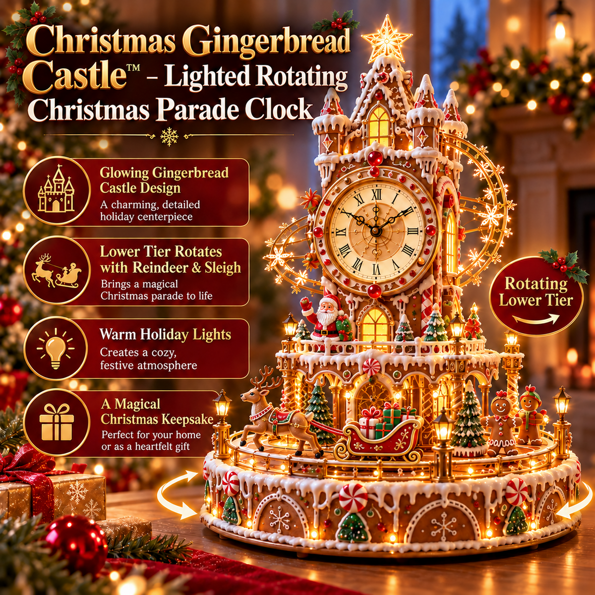 🎄Christmas Gingerbread Castle™ – Lighted Rotating Christmas Parade Clock