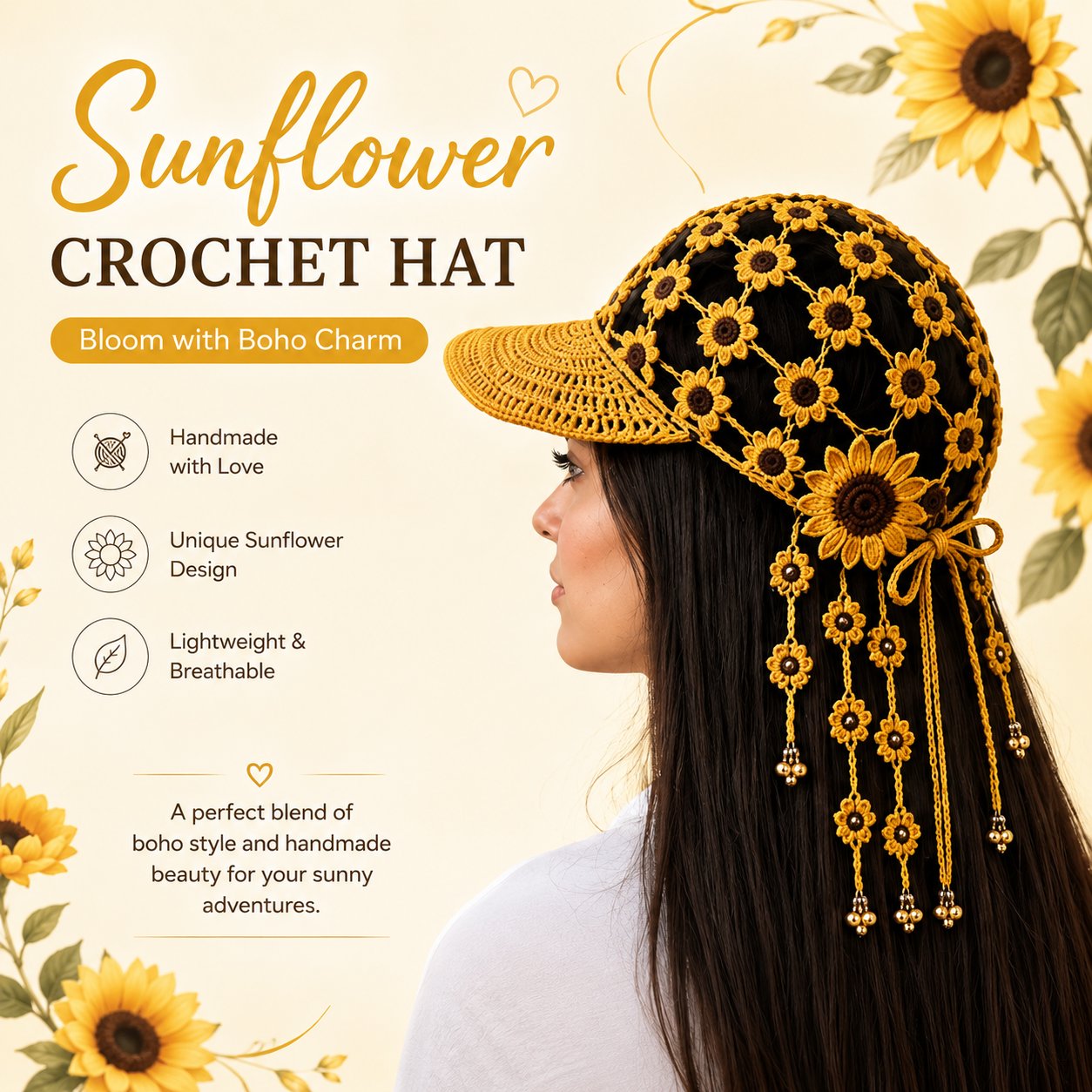 🌻 Sunflower Crochet Baseball Cap – Breathable Boho Hat with Floral Tassels