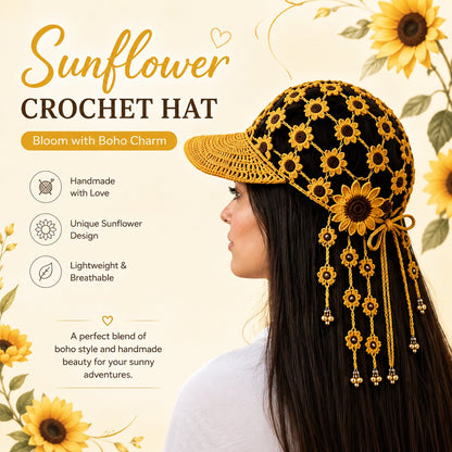 🌻 Sunflower Crochet Baseball Cap – Breathable Boho Hat with Floral Tassels