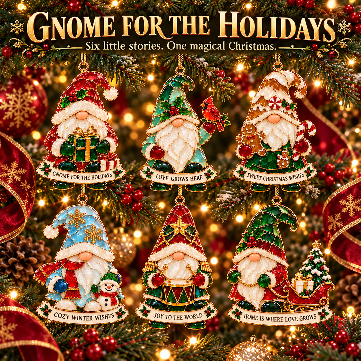 Six colorful Christmas gnome ornament designs displayed on a Christmas tree
