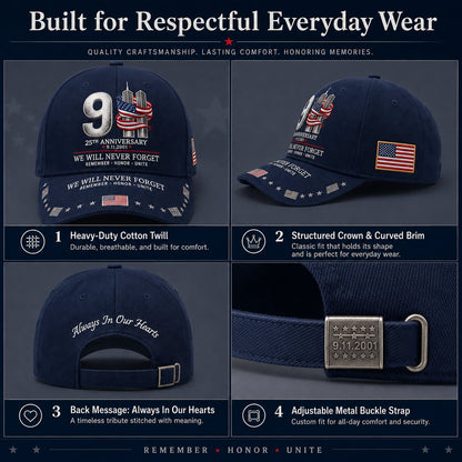 🔥LAST DAY 50% OFF - 9/11 25th Anniversary We Will Never Forget Embroidered Memorial Baseball Cap – Unisex Patriotic Memorial Hat🧢 100% Cotton