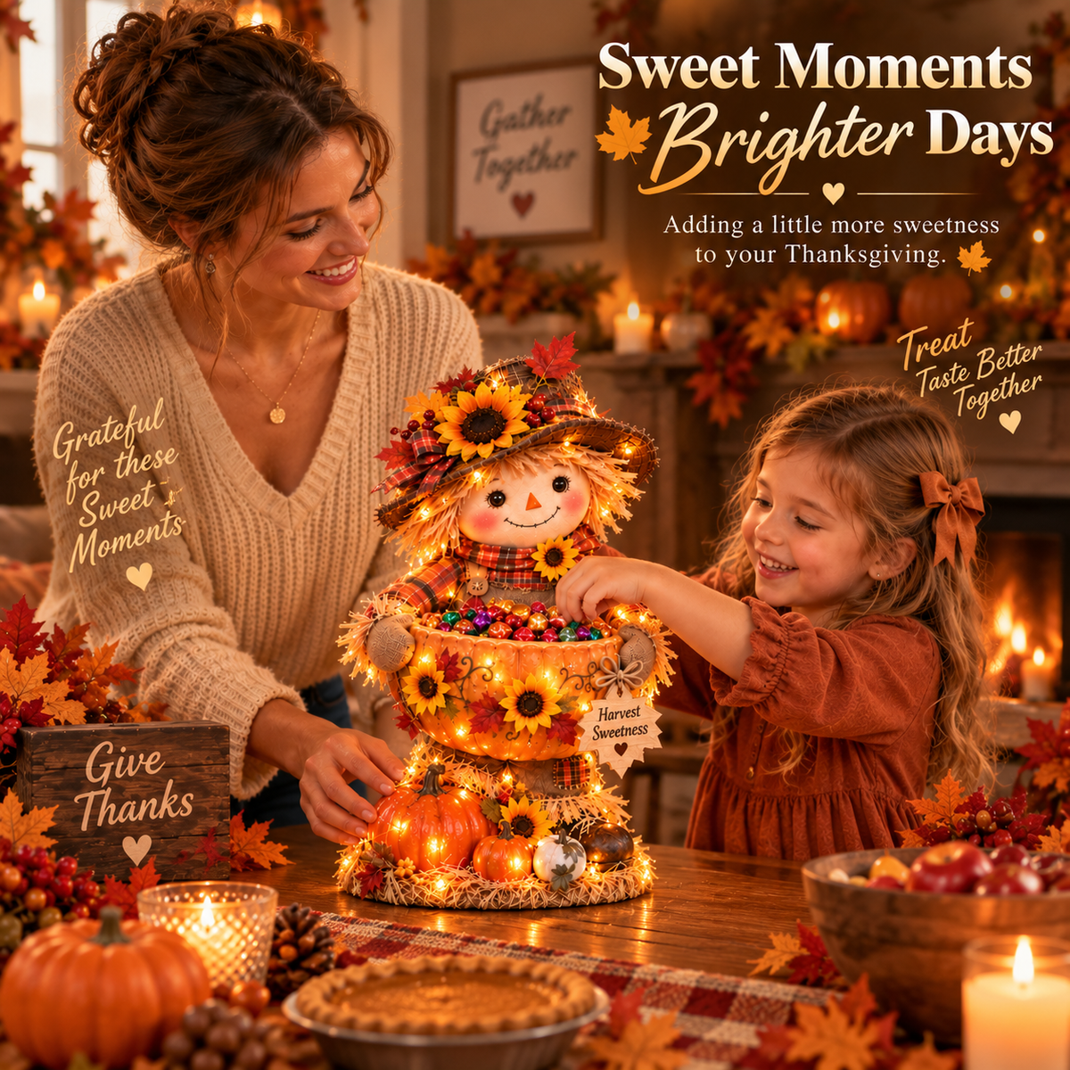 🍂 Harvest Buddy™ – Lighted Scarecrow Candy Bowl & Thanksgiving Centerpiece