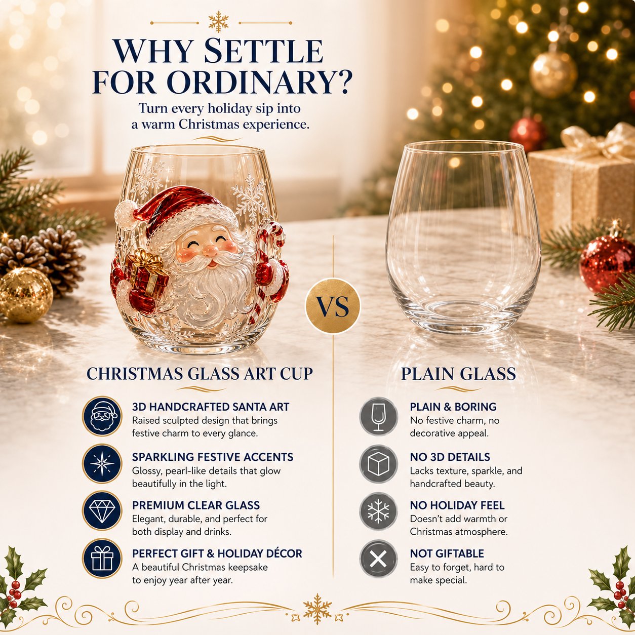 ✨🎅 LAST DAY 49% OFF –🎄 ✨ Magical Christmas 3D Glass Cup | Raised Festive Artwork, Sparkling Details & Holiday Gift Drinkware 🎅💎