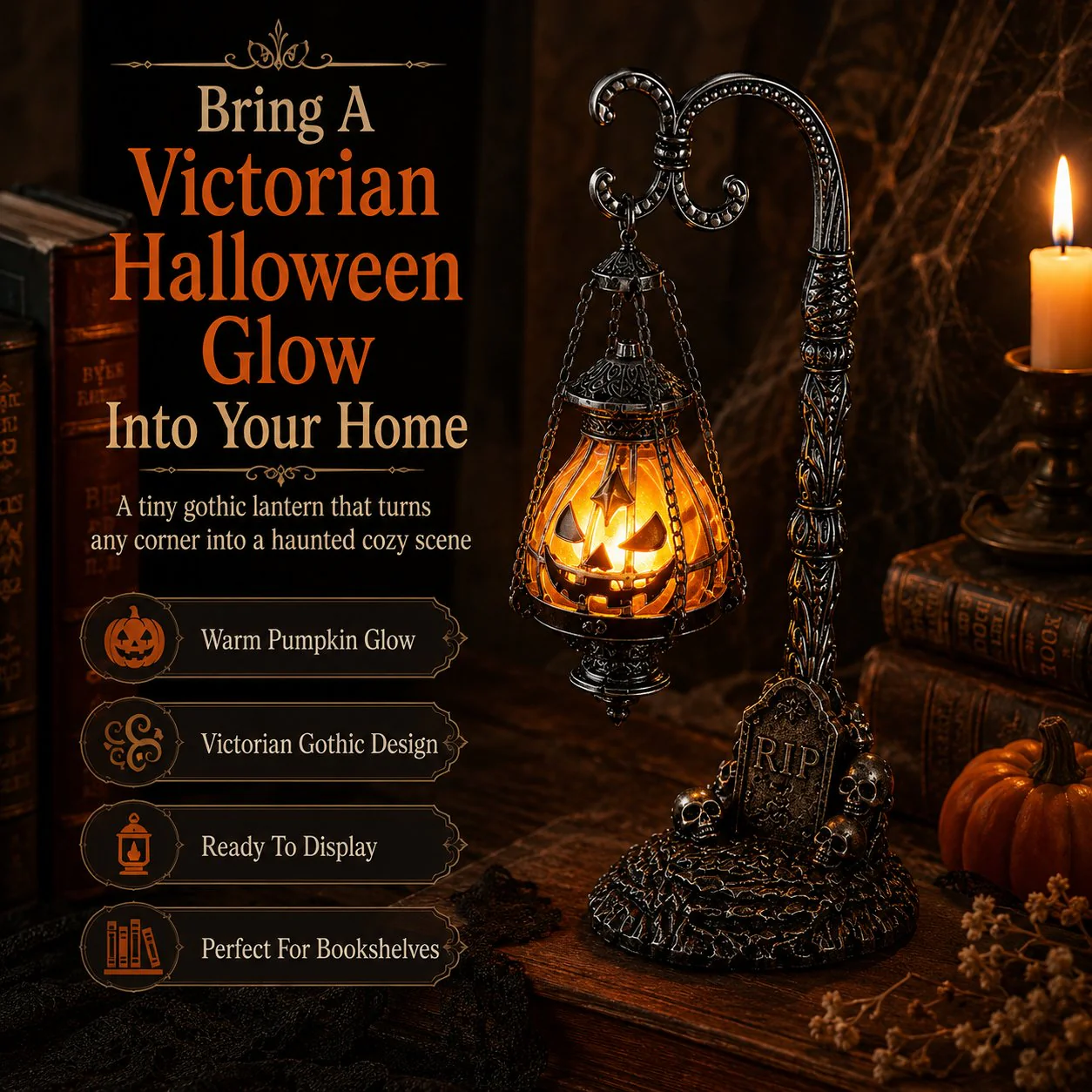 🔥 Last Day 50% OFF 🎃 Gothic Pumpkin Lantern Stand | Warm Orange LED Glow & Haunted Victorian Decor🕯️