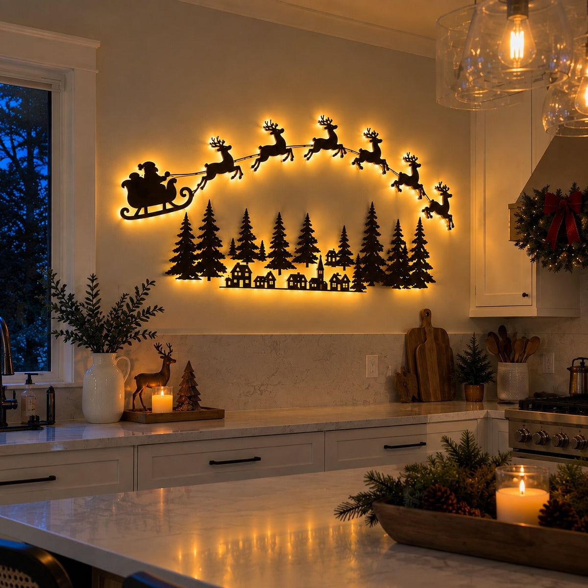 🦌 Santa Sleigh & 6 Reindeer LED Wall Display – Warm Christmas Glow