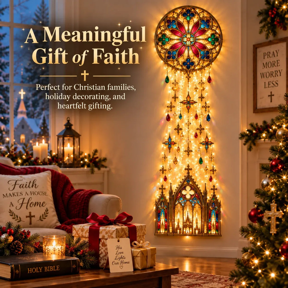🔥✨ Cathedral Grace™ Stained Glass Cascade Wall Light – A Faith-Filled Christmas Glow