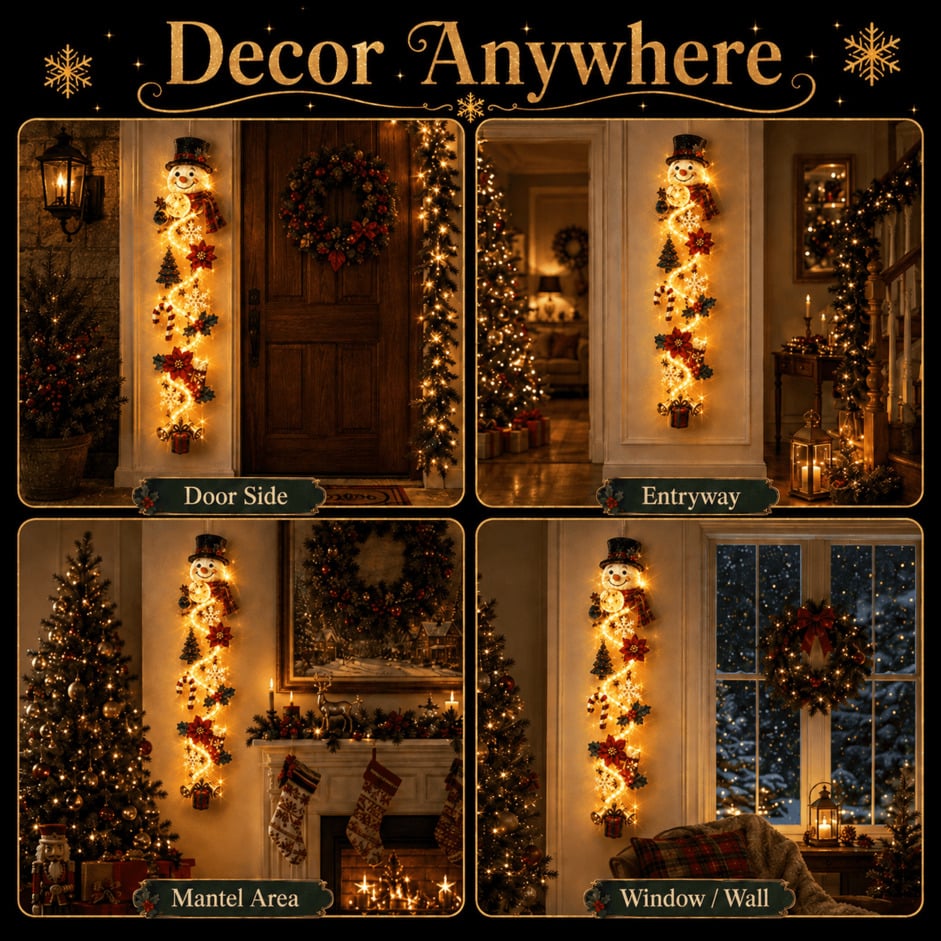 Christmas door hanger displayed in different areas including door side, entryway, mantel and window wall
