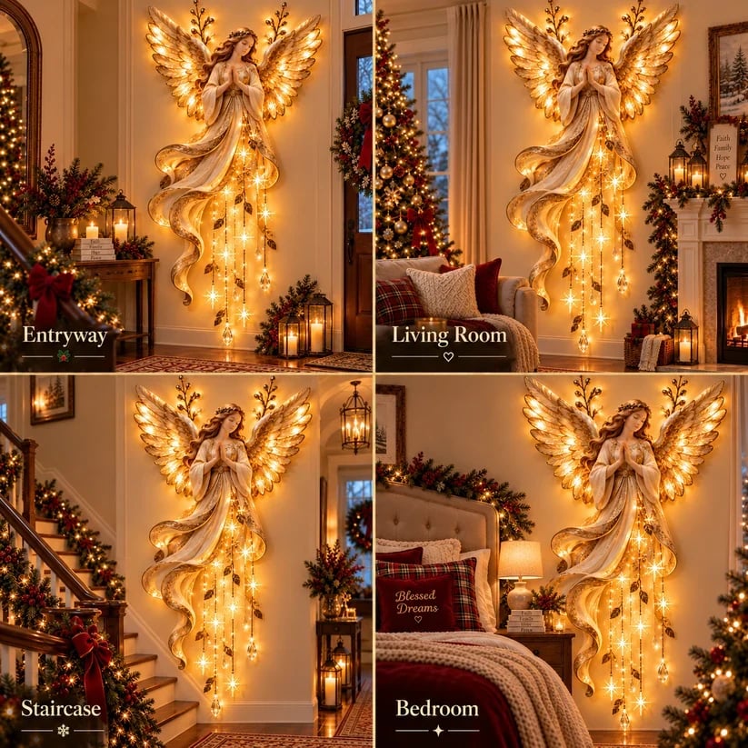 👼🌙Guardian Angel Starfall Cascade™ – Lighted Faith & Blessing Christmas Wall Decor✨